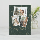 Green Gold Snowflake Photo Merry-kerstkaarten Feestdagenkaart (Staand voorkant)
