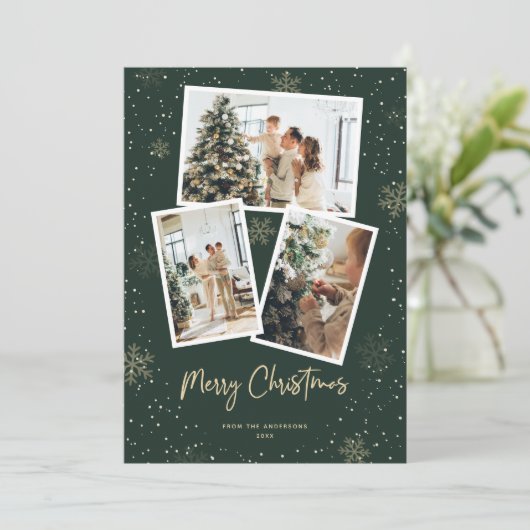Green Gold Snowflake Photo Merry-kerstkaarten Feestdagenkaart (Staand voorkant)