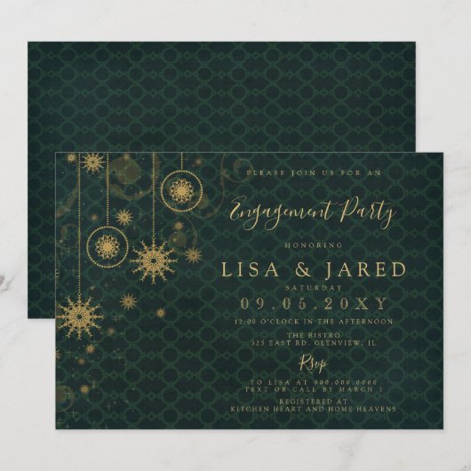 Green Gold Snowflakes Winter Engagement Party Kaart (Voorkant / Achterkant)