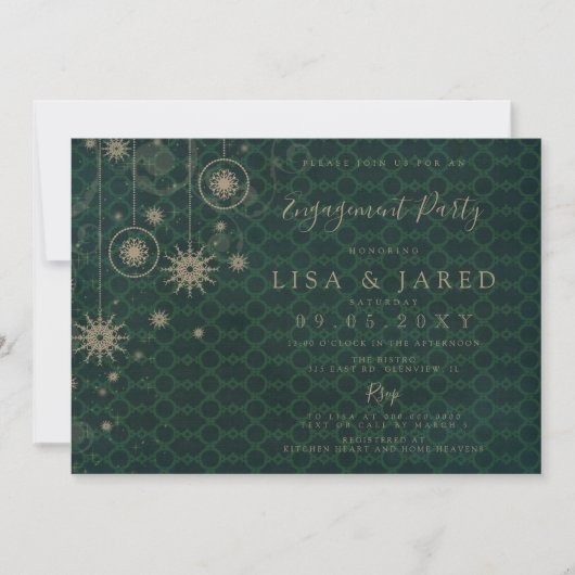 Green Gold Snowflakes Winter Engagement Party Kaart (Voorkant)