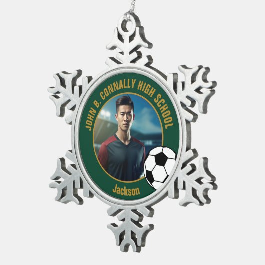 Green Gold Soccer Player Photo High School Tin Sneeuwvlok Ornament (Rechts)