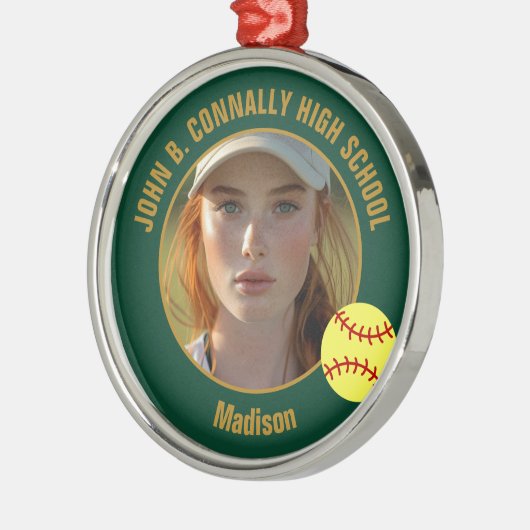 Green Gold Softball Player Photo Christmas Metalen Ornament (Links)