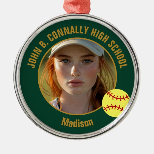 Green Gold Softball Player Photo Christmas Metalen Ornament (Voorkant)
