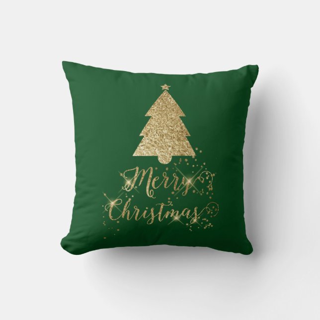 Green Gold Sparkle Merry-kerstboom Kussen (Voorkant)