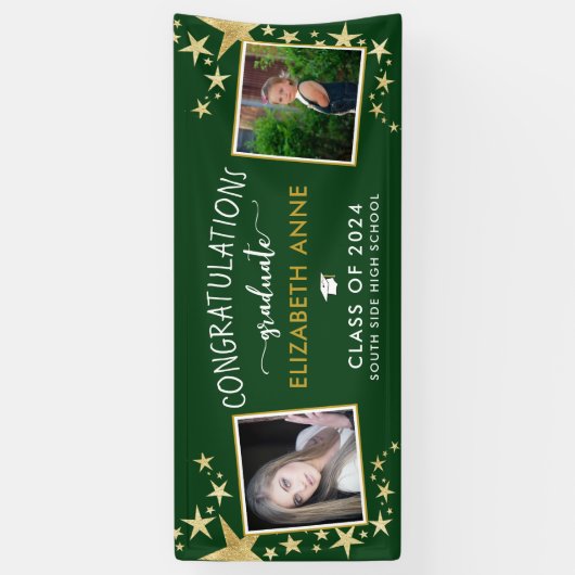 Green & Gold Stars Foto gefeliciteerd Afstuderen Spandoek (Verticaal)