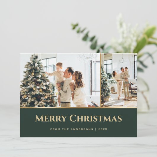 Green Gold Stars-fotokerstfeest Feestdagenkaart (Staand voorkant)