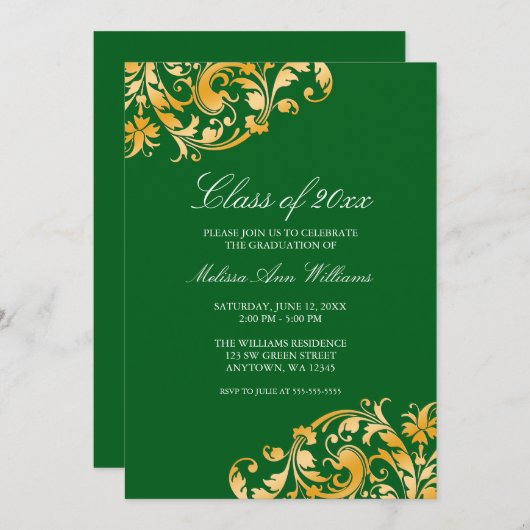 Green Gold Swirl Afstudeerfeest aankondiging (Voorkant / Achterkant)