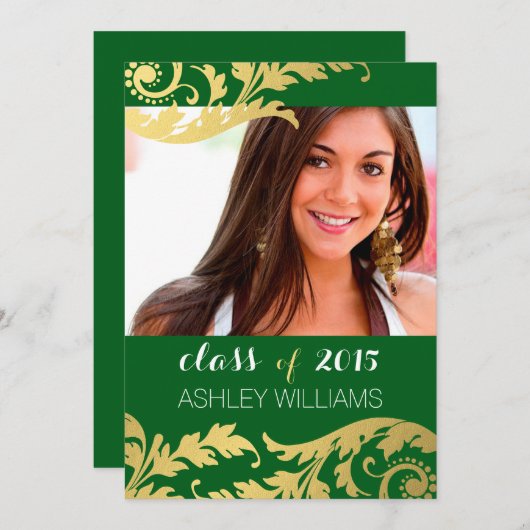 Green Gold Swirls Foto Afstuderen Aankondiging (Voorkant / Achterkant)