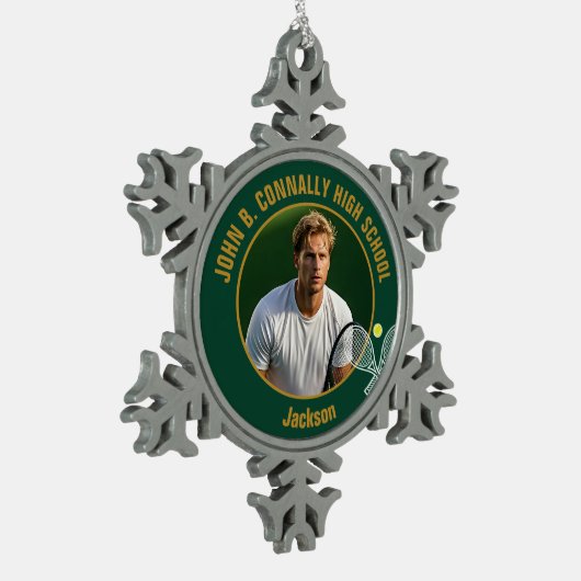 Green Gold Tennis Player Photo High School Tin Sneeuwvlok Ornament (Links)