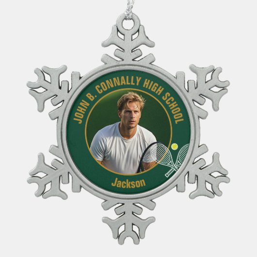 Green Gold Tennis Player Photo High School Tin Sneeuwvlok Ornament (Voorkant)