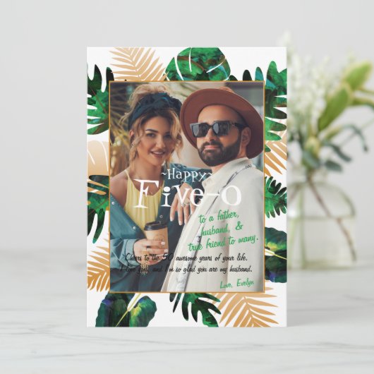 Green, Gold Tropical Hawaii Vijf-0 50th Birthday Kaart (Staand voorkant)