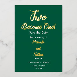 Green & Gold Two Become One Foil Wedding Invitatio Folie Uitnodiging