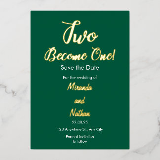 Green & Gold Two Become One Foil Wedding Invitatio Folie Uitnodiging