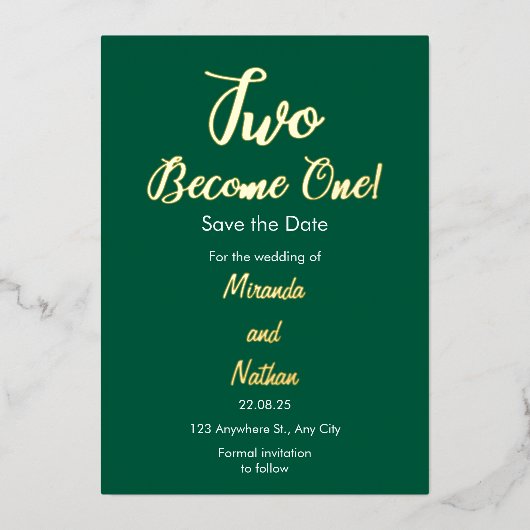 Green & Gold Two Become One Foil Wedding Invitatio Folie Uitnodiging (Voorkant)