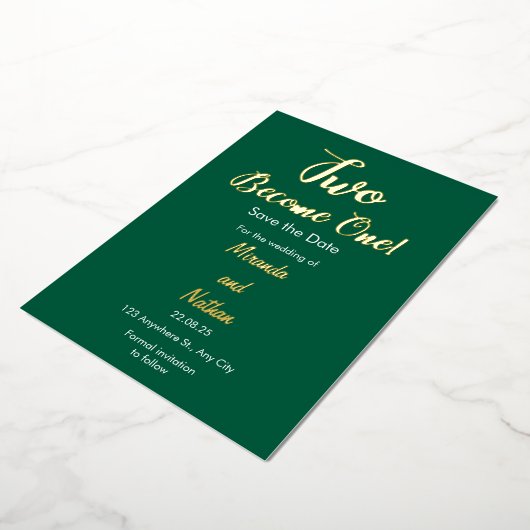 Green & Gold Two Become One Foil Wedding Invitatio Folie Uitnodiging (Gedraaid)