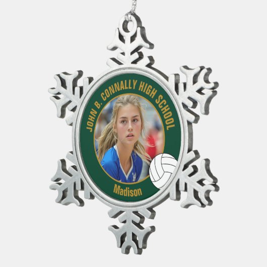 Green Gold Volleyball Player Photo High School Tin Sneeuwvlok Ornament (Rechts)
