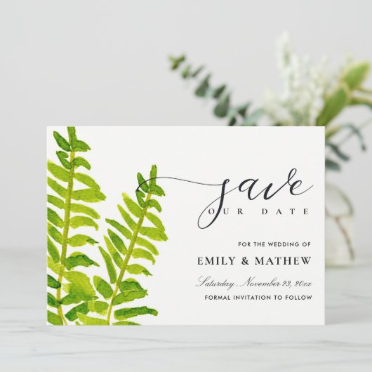 GREEN GOLD WATERVERF FERN FOLIAGE BEWAREN DE DATUM SAVE THE DATE (Staand voorkant)