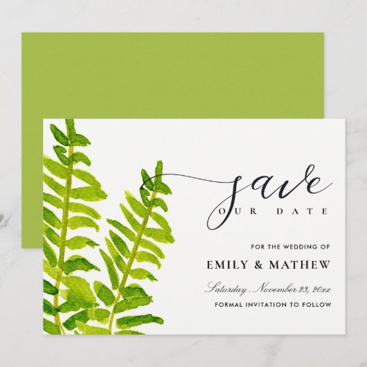 GREEN GOLD WATERVERF FERN FOLIAGE BEWAREN DE DATUM SAVE THE DATE (Voorkant / Achterkant)