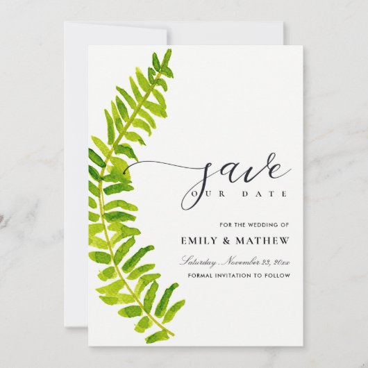 GREEN GOLD WATERVERF FERN FOLIAGE BEWAREN DE DATUM SAVE THE DATE (Voorkant)