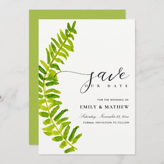 GREEN GOLD WATERVERF FERN FOLIAGE BEWAREN DE DATUM SAVE THE DATE (Voorkant / Achterkant)