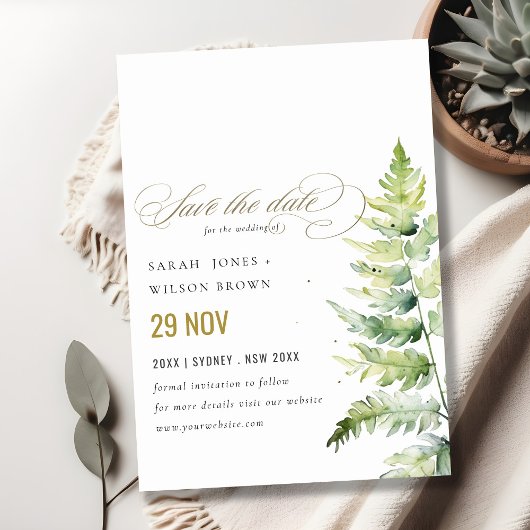 Green Gold Waterverf Fern Foliage Wedding Save The Date