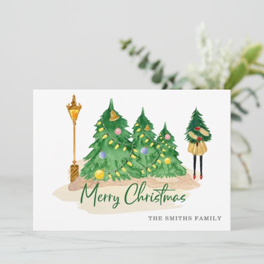 Green Gold Waterverf kerstbomen Feestdagenkaart (Staand voorkant)