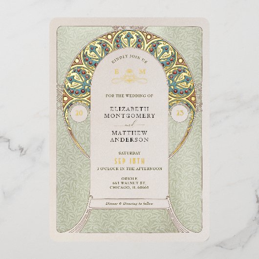 Green Gold Wedding Art Nouveau Art Deco Mucha Folie Uitnodiging (Voorkant)