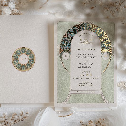 Green Gold Wedding Art Nouveau Art Deco Mucha Folie Uitnodiging