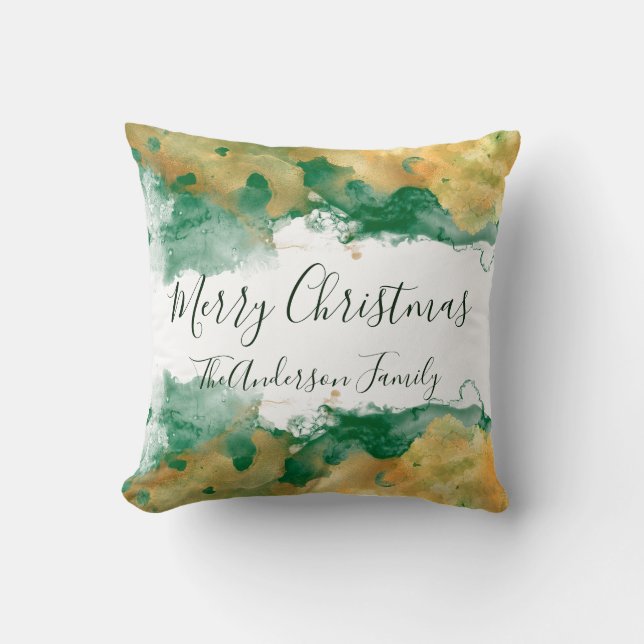 Green Gold White Monogram Merry kerst Kussen (Voorkant)