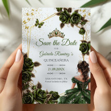 Green Golden Tiara Roses Butterfly Quinceañera