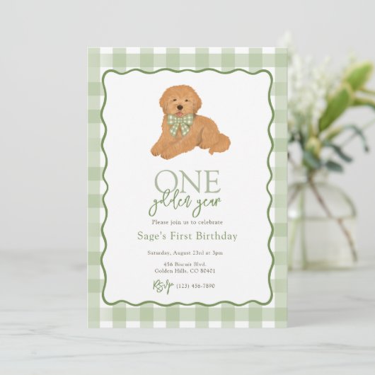 Green Goldendoodle Golden Year First Birthday Kaart (Staand voorkant)