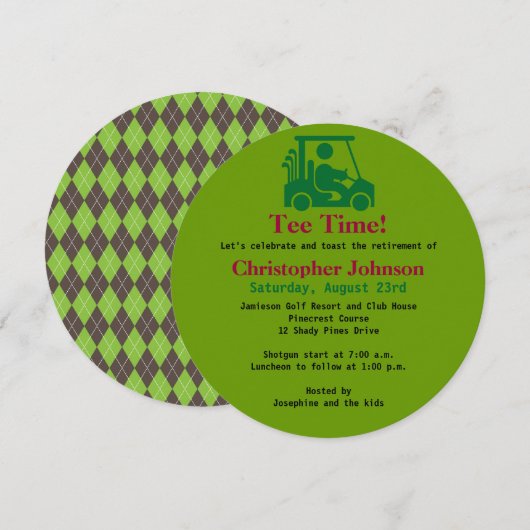Green Golfer in cart Retirement Party Invitation Kaart (Voorkant / Achterkant)