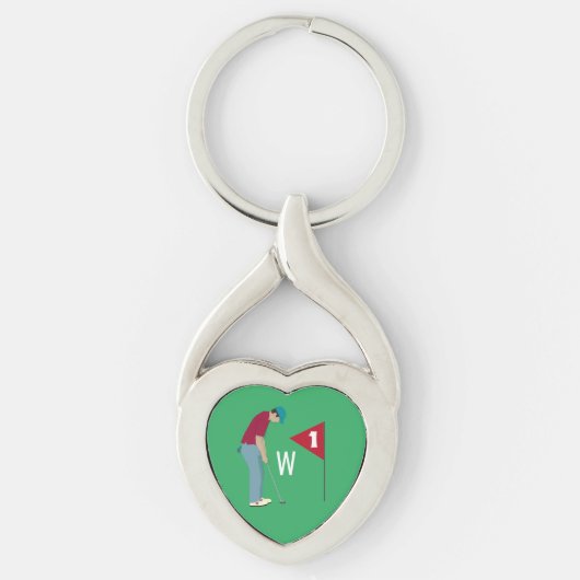 Green Golfer Putting Ball Heart Shaped Sleutelhanger (Voorkant)