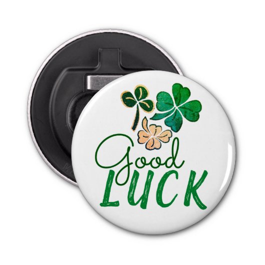 Green Good Luck Four Leaf Clover Shamrock Button Flesopener (Voorkant)