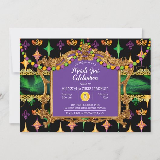 Green | Gouden Elegant Floral Mardi Gras Partij Kaart (Voorkant)