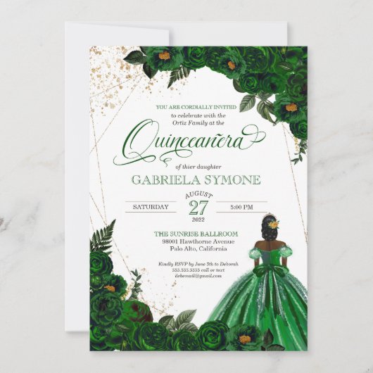 Green Gown Elegant Rozen Afrolatina Quinceanera Kaart (Voorkant)