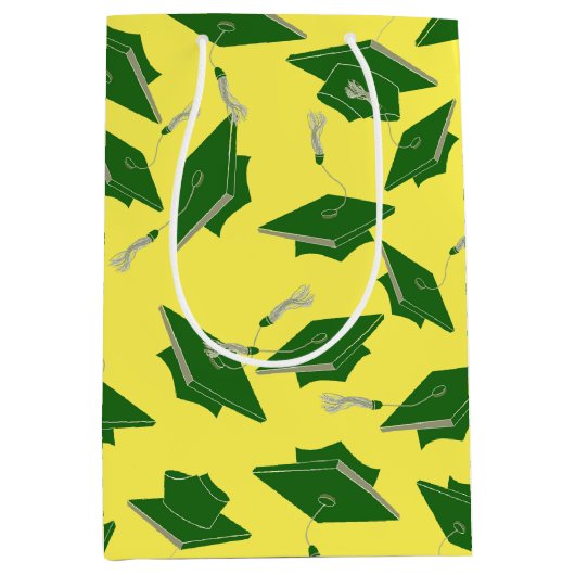 Green Graduation Caps Tossed in the Air on Yellow Medium Cadeauzakje (Voorkant)