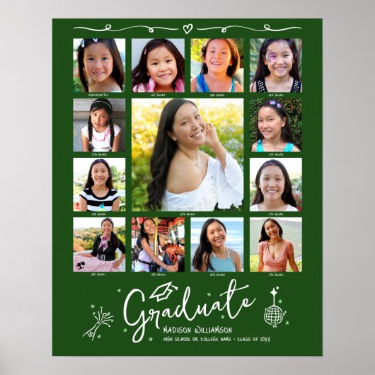 Green Graduation K–12 Photo Collage White Doodles Poster (Voorkant)