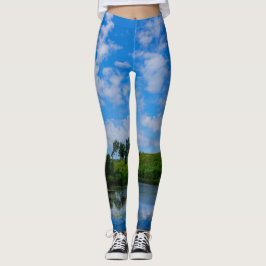Green Grass Berkenbomen Natuur Sky Lake Landschap Leggings