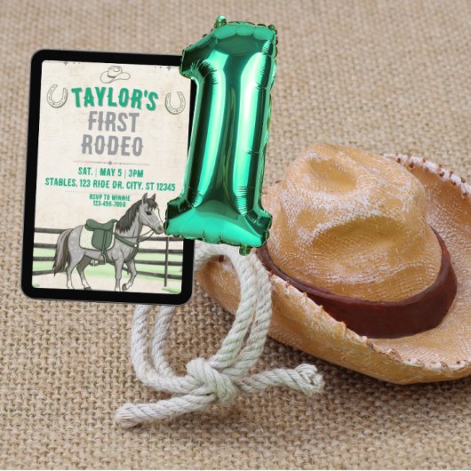 Green Gray 1st Rodeo with horse birthday Kaart