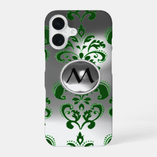 GREEN GRAY WHITE DAMASK GEMSTONE MONOGRAM Floral iPhone 16 Hoesje