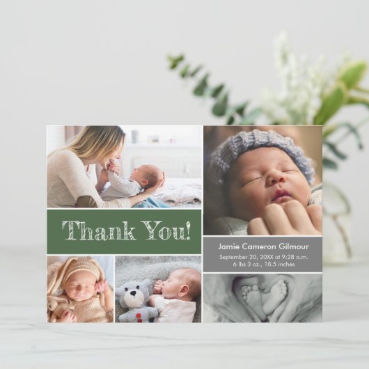 Green Grey Baby shower Foto Collage Dank u Bedankkaart (Staand voorkant)