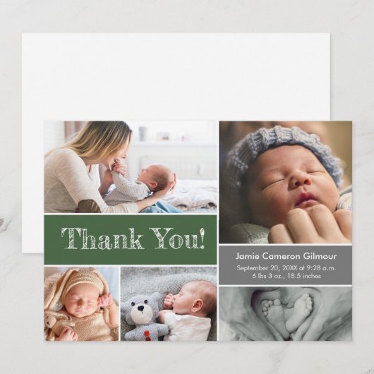 Green Grey Baby shower Foto Collage Dank u Bedankkaart (Voorkant / Achterkant)