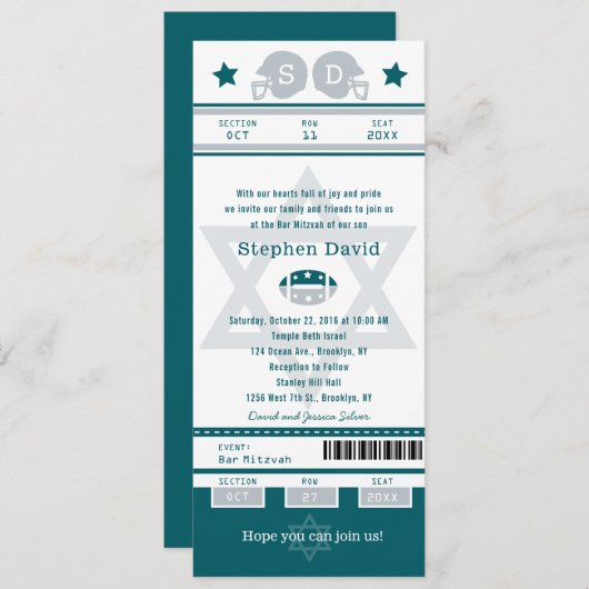 Green Grey Bar Mitzvah Football Ticket Uitnodiging (Voorkant / Achterkant)