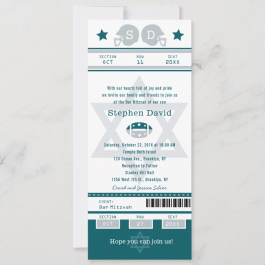 Green Grey Bar Mitzvah Football Ticket Uitnodiging (Voorkant)