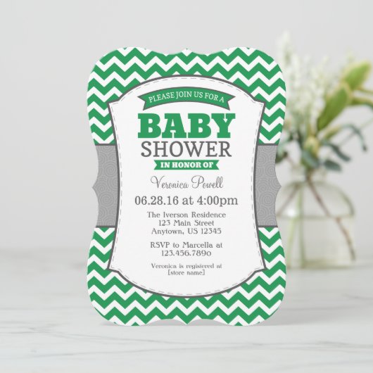 Green Grey Chevron Baby shower Kaart (Staand voorkant)