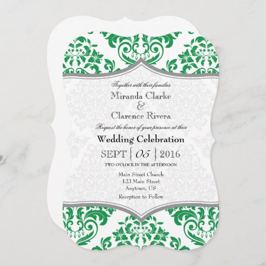 Green Grey Damask Bracket Wedding Invite Kaart (Voorkant / Achterkant)