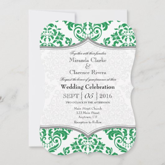 Green Grey Damask Bracket Wedding Invite Kaart (Voorkant)
