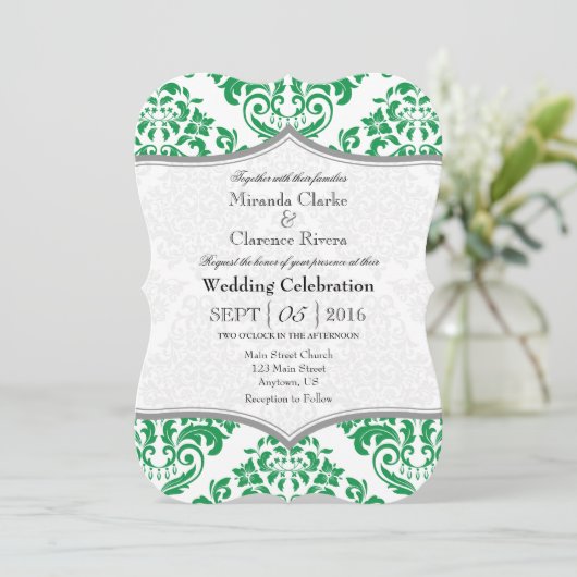 Green Grey Damask Bracket Wedding Invite Kaart (Staand voorkant)