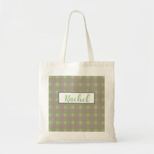Green Grey Gingham Personalized Tote Bag